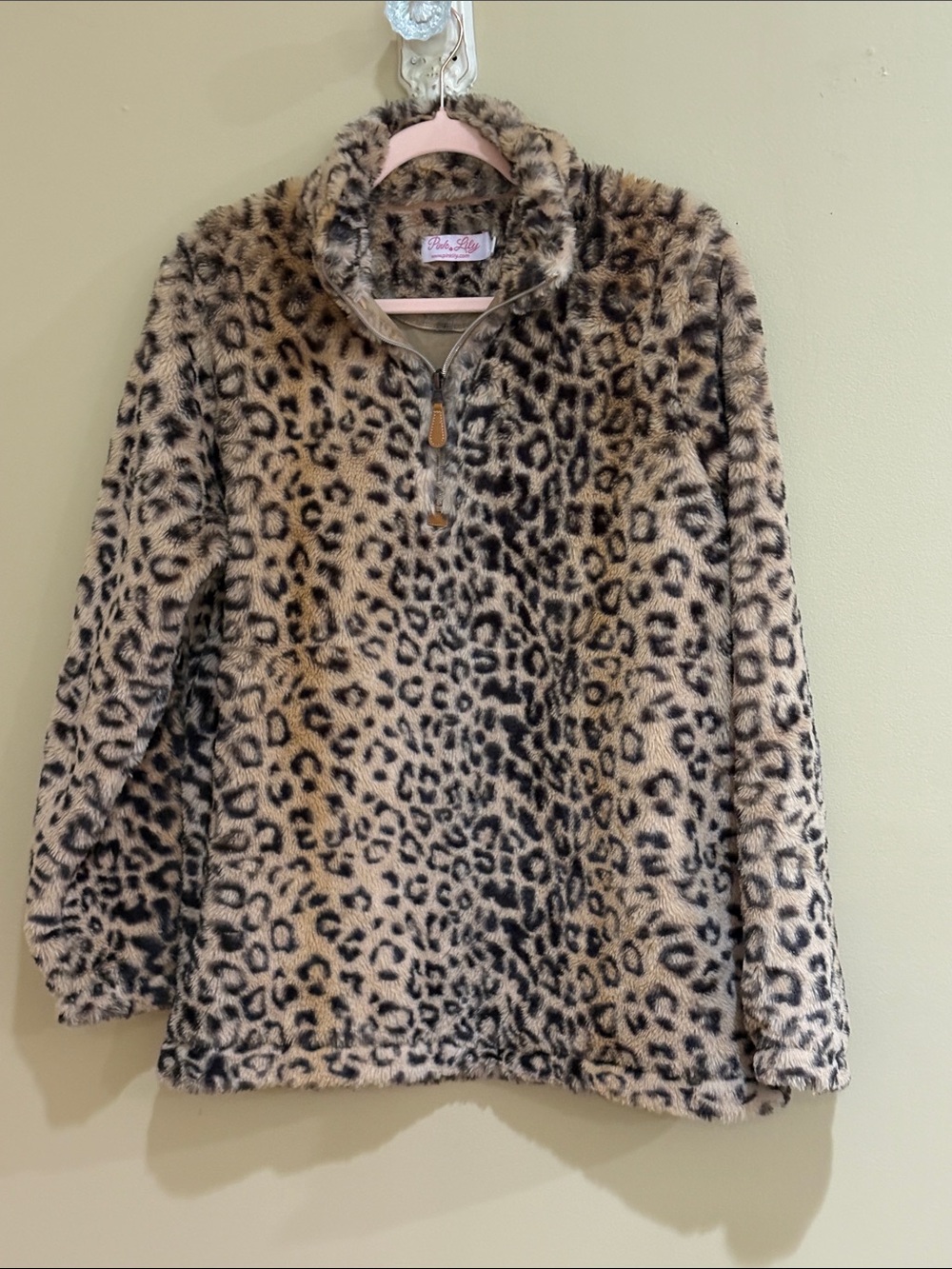Leopard Print Faux Fur Pullover Jacket - Tan/Black